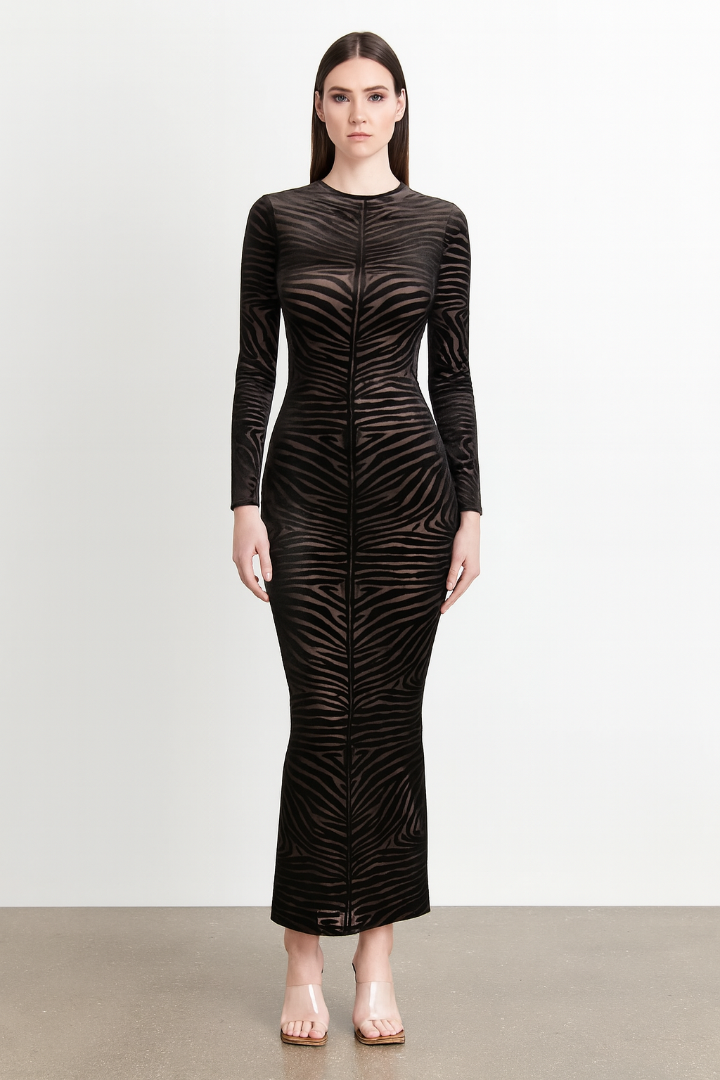 Zebra Velvet Midi Dress - Turtleneck Bodycon Dress with Long Sleeves