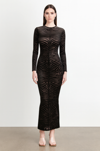 Zebra Velvet Midi Dress - Turtleneck Bodycon Dress with Long Sleeves