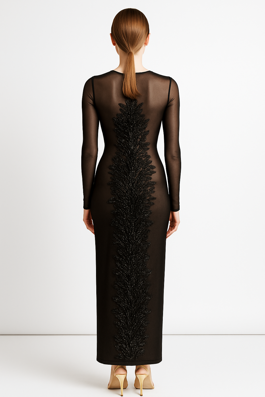 Embroidered Beaded Mesh Evening Gown - Handmade Dress