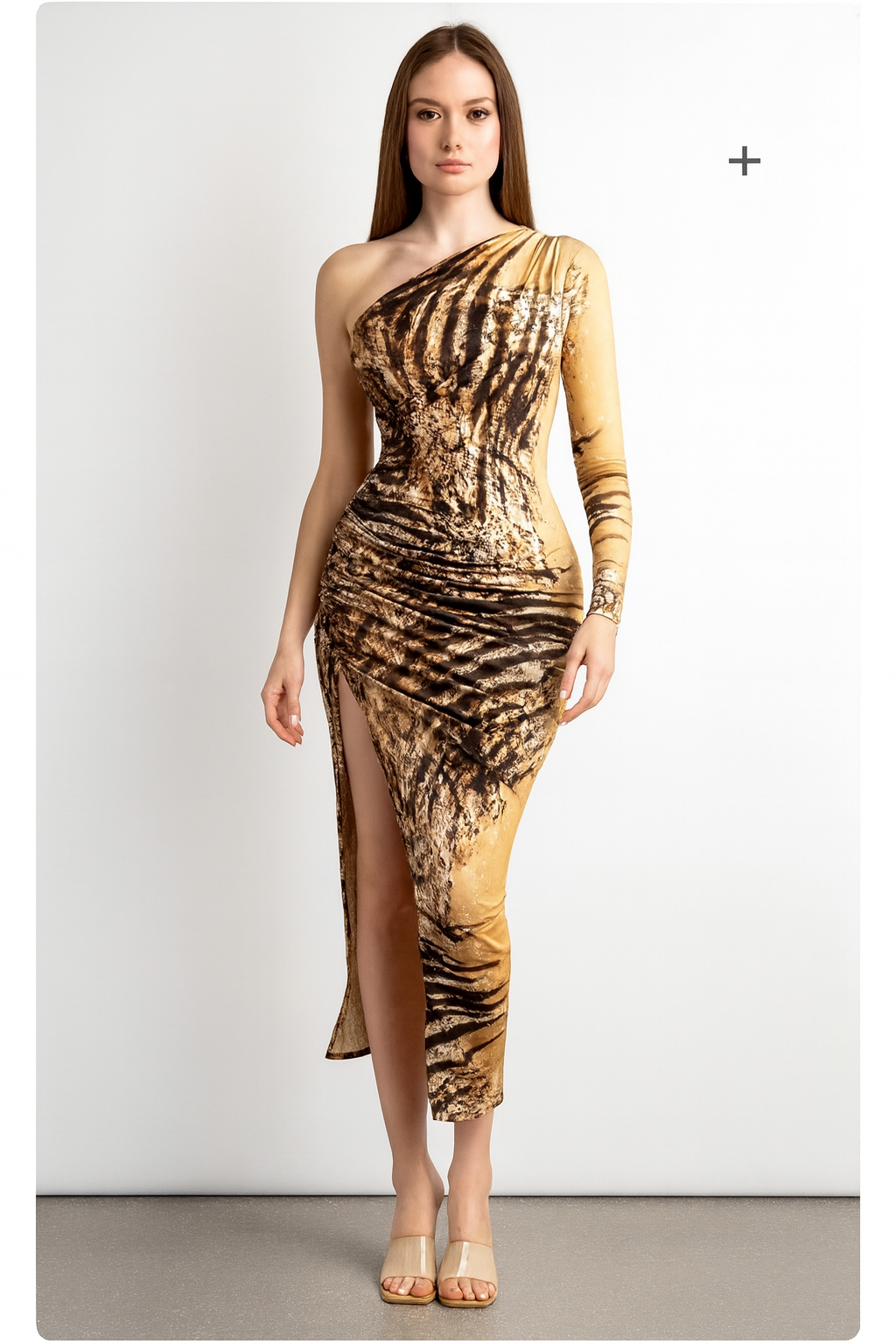 One Shoulder Tiger Print Maxi Dress - Long Sleeve Side Slit Evening Dress
