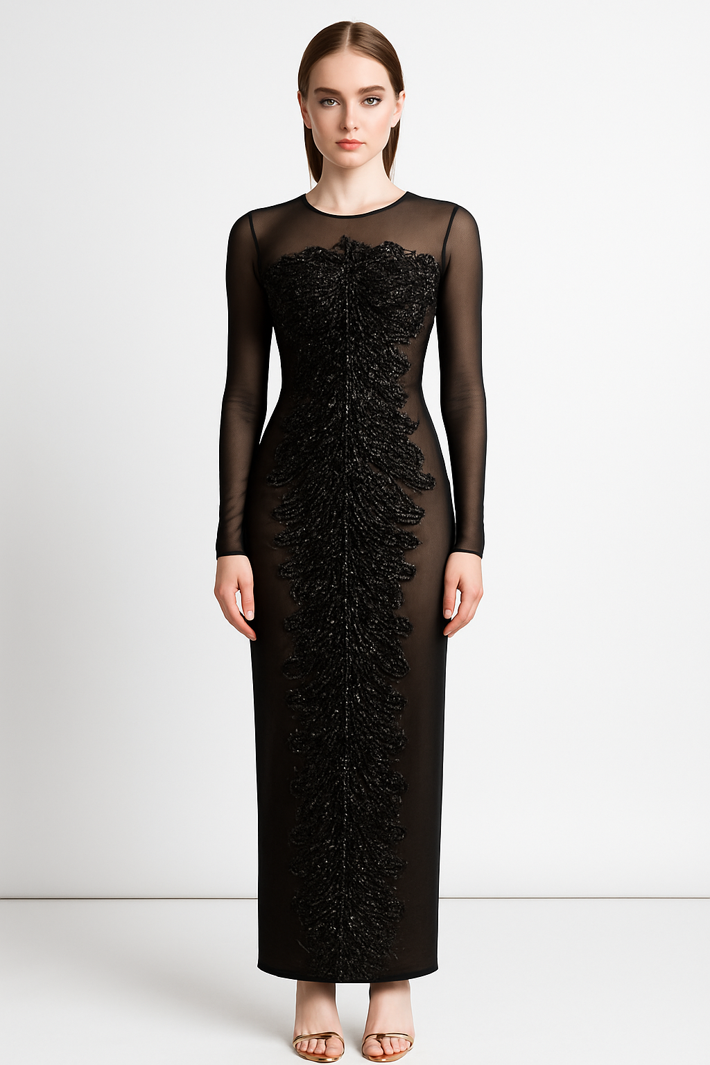Embroidered Beaded Mesh Evening Gown - Handmade Dress