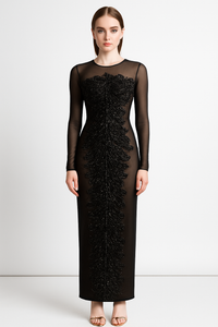 Embroidered Beaded Mesh Evening Gown - Handmade Dress