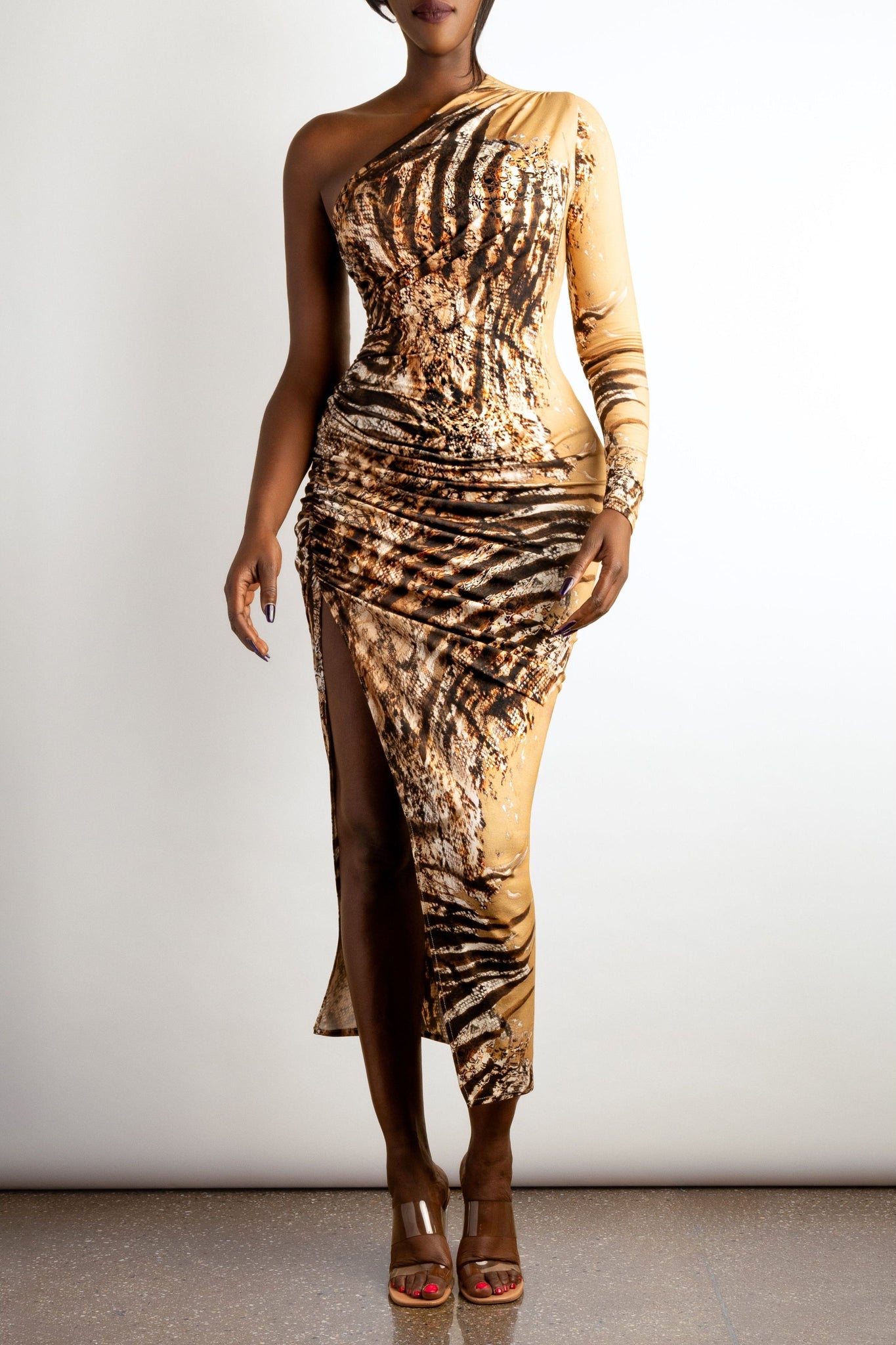 One Shoulder Tiger Print Maxi Dress - Long Sleeve Side Slit Evening Dress