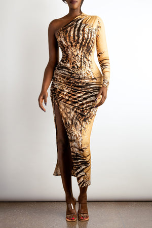 One Shoulder Tiger Print Maxi Dress - Long Sleeve Side Slit Evening Dress