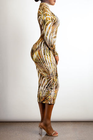 Backless Tropical Print Dress - Black & Gold Stretch Fit Dress