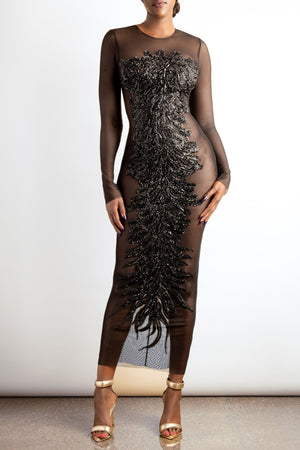 Embroidered Beaded Mesh Evening Gown - Handmade Dress