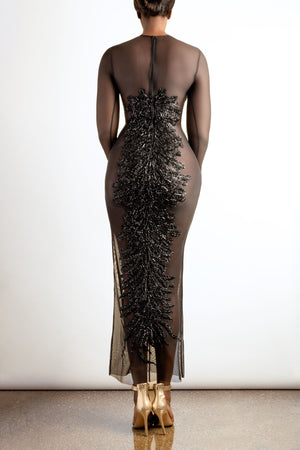 Embroidered Beaded Mesh Evening Gown - Handmade Dress