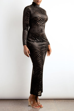 Zebra Velvet Midi Dress - Turtleneck Bodycon Dress with Long Sleeves