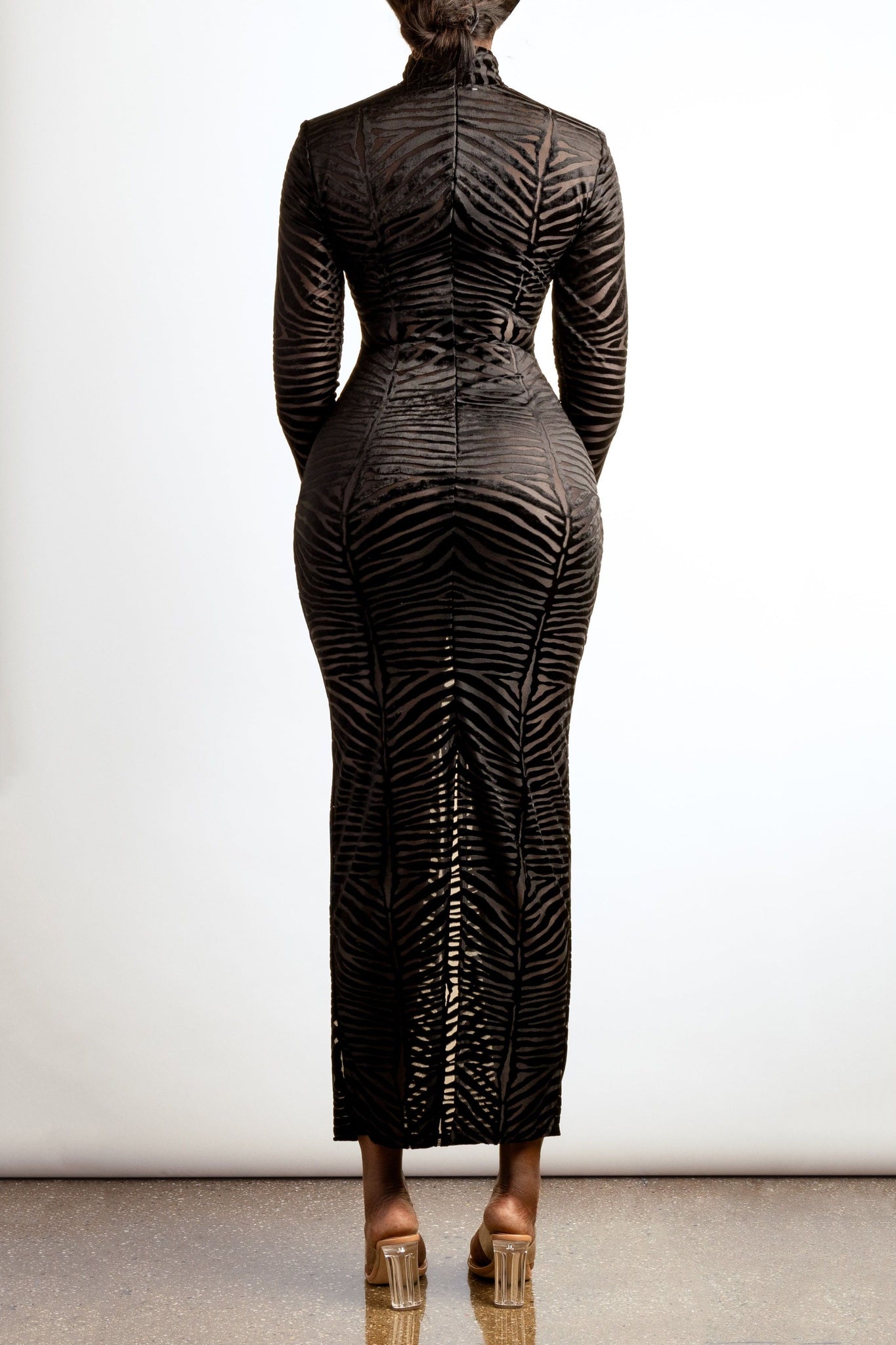 Zebra Velvet Midi Dress - Turtleneck Bodycon Dress with Long Sleeves