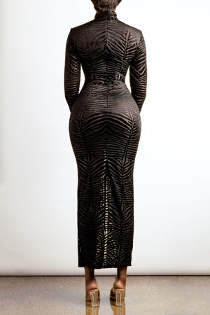 Zebra Velvet Midi Dress - Turtleneck Bodycon Dress with Long Sleeves