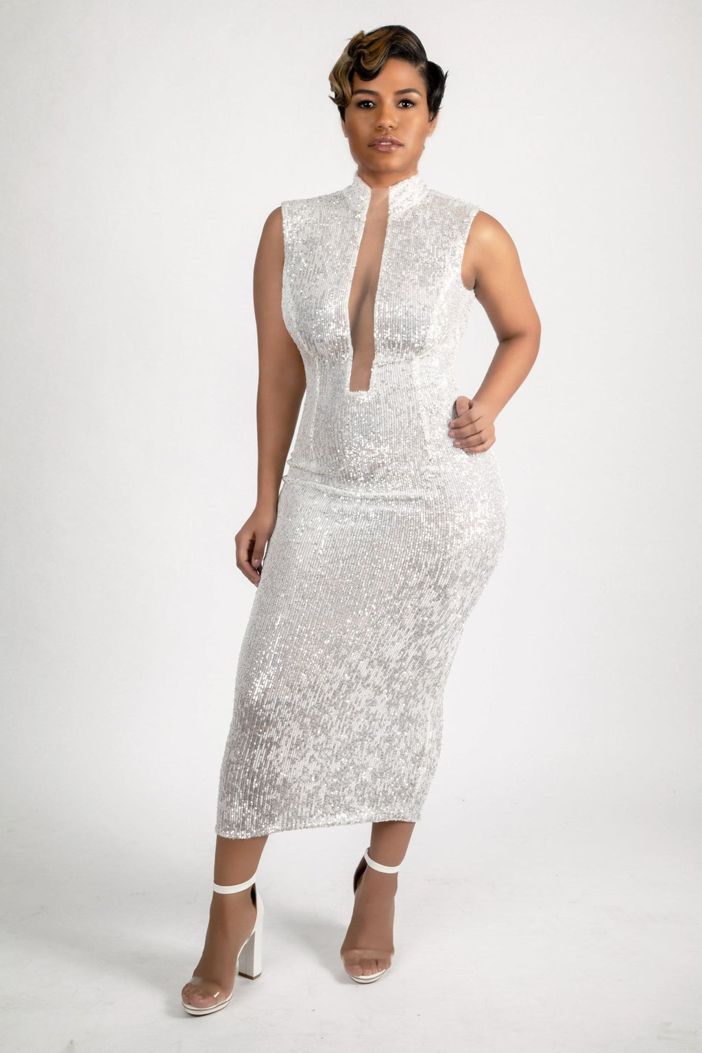 Hight neck Sequin dress mesh open front