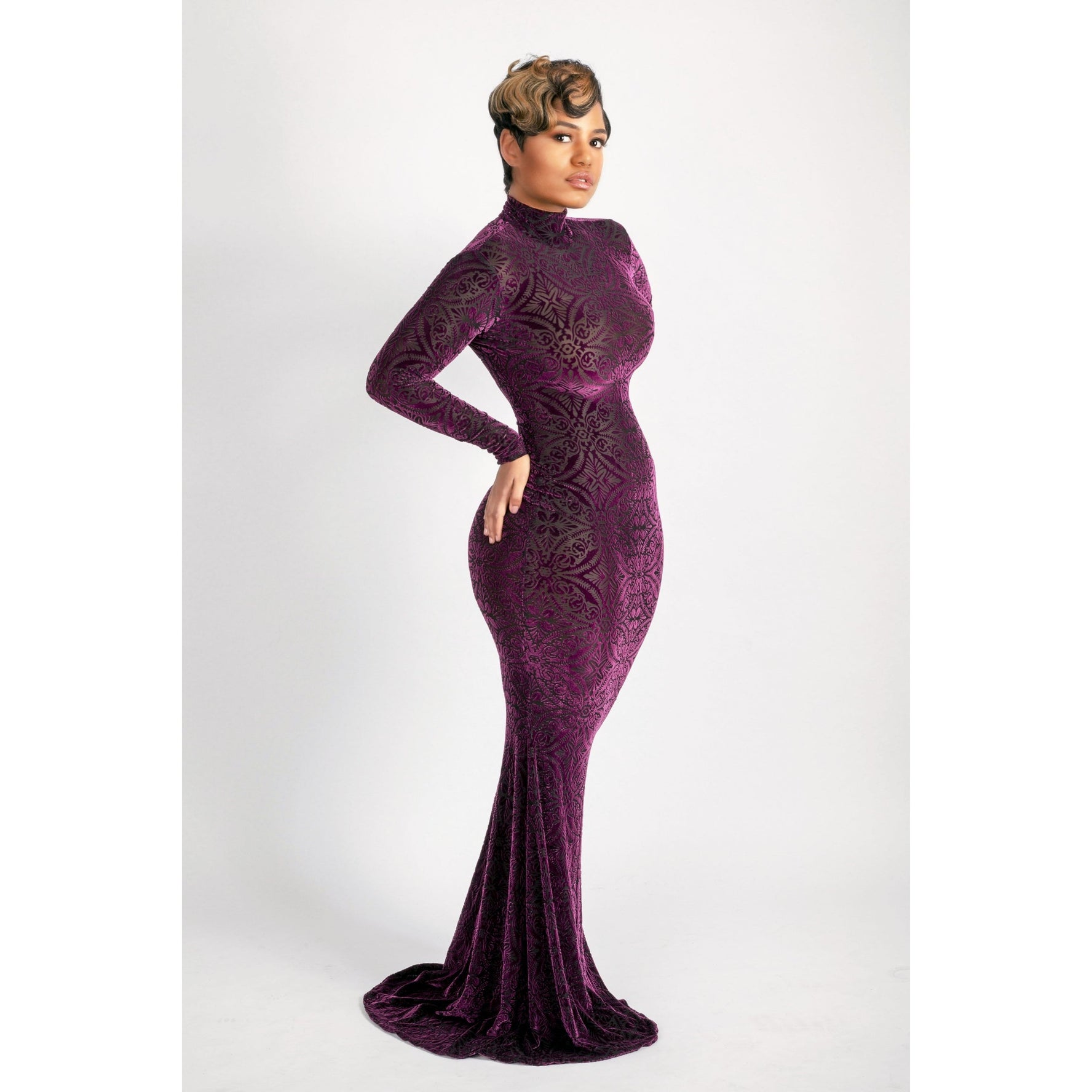 Hight neck purple burnout long dress