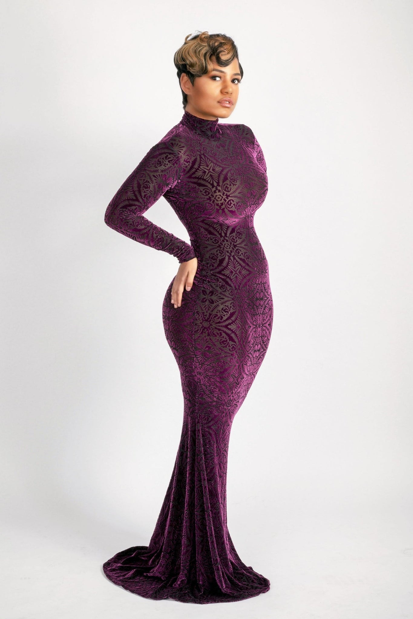 Hight neck purple burnout long dress