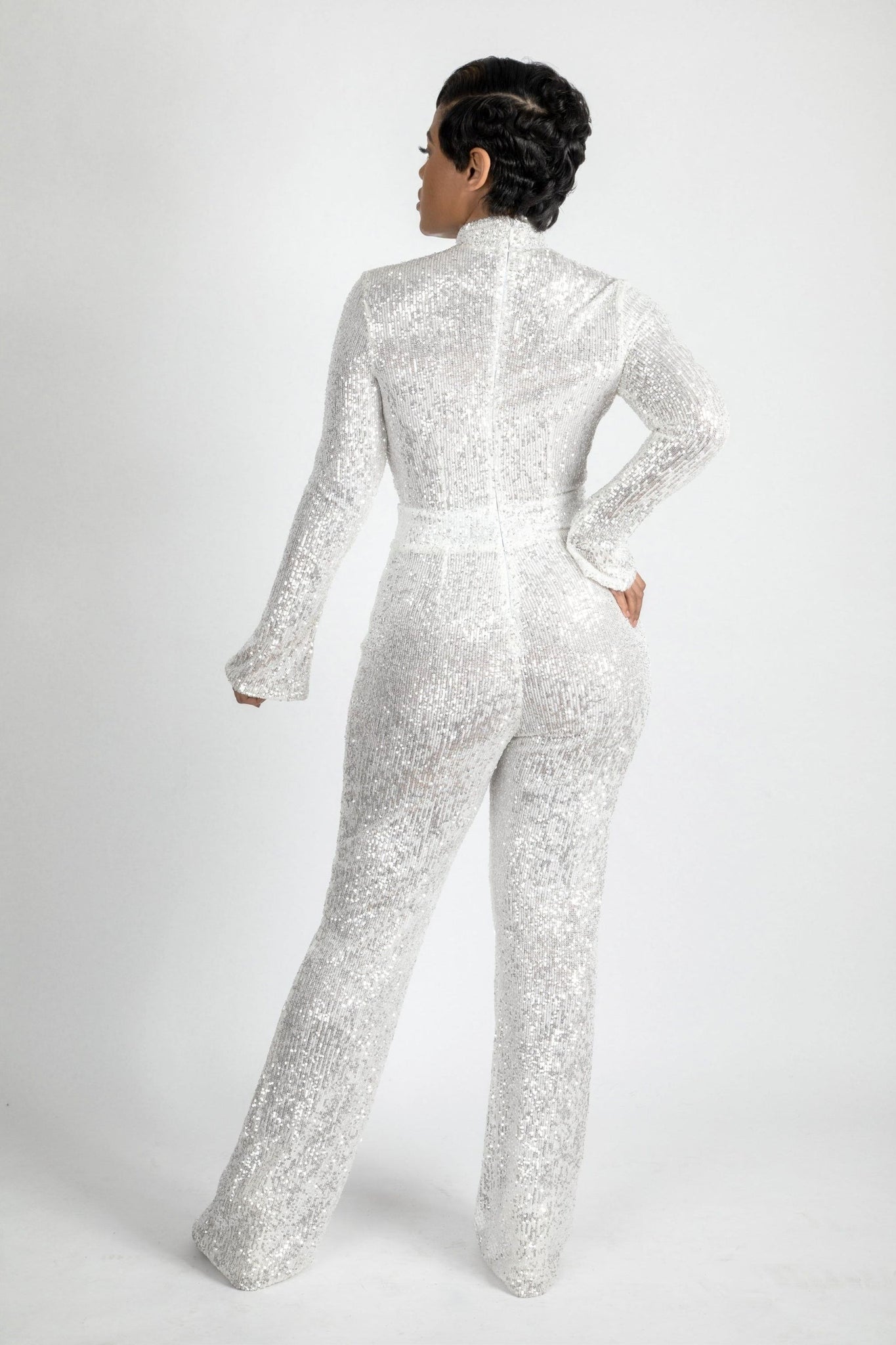 Hight neck white Sequin jumpsuit mesh open front