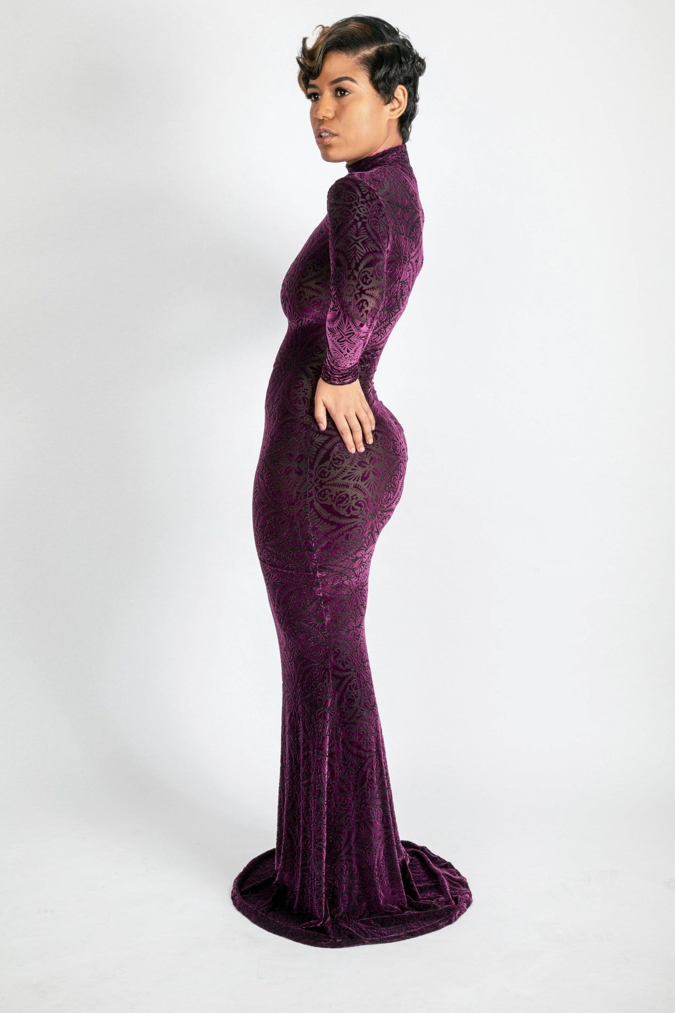 Hight neck purple burnout long dress