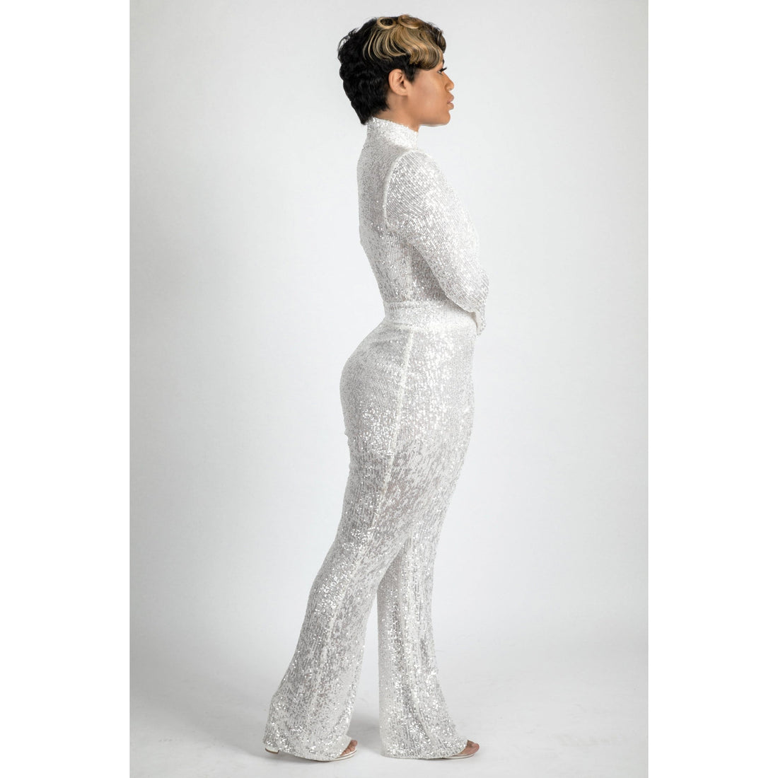 Hight neck white Sequin jumpsuit mesh open front