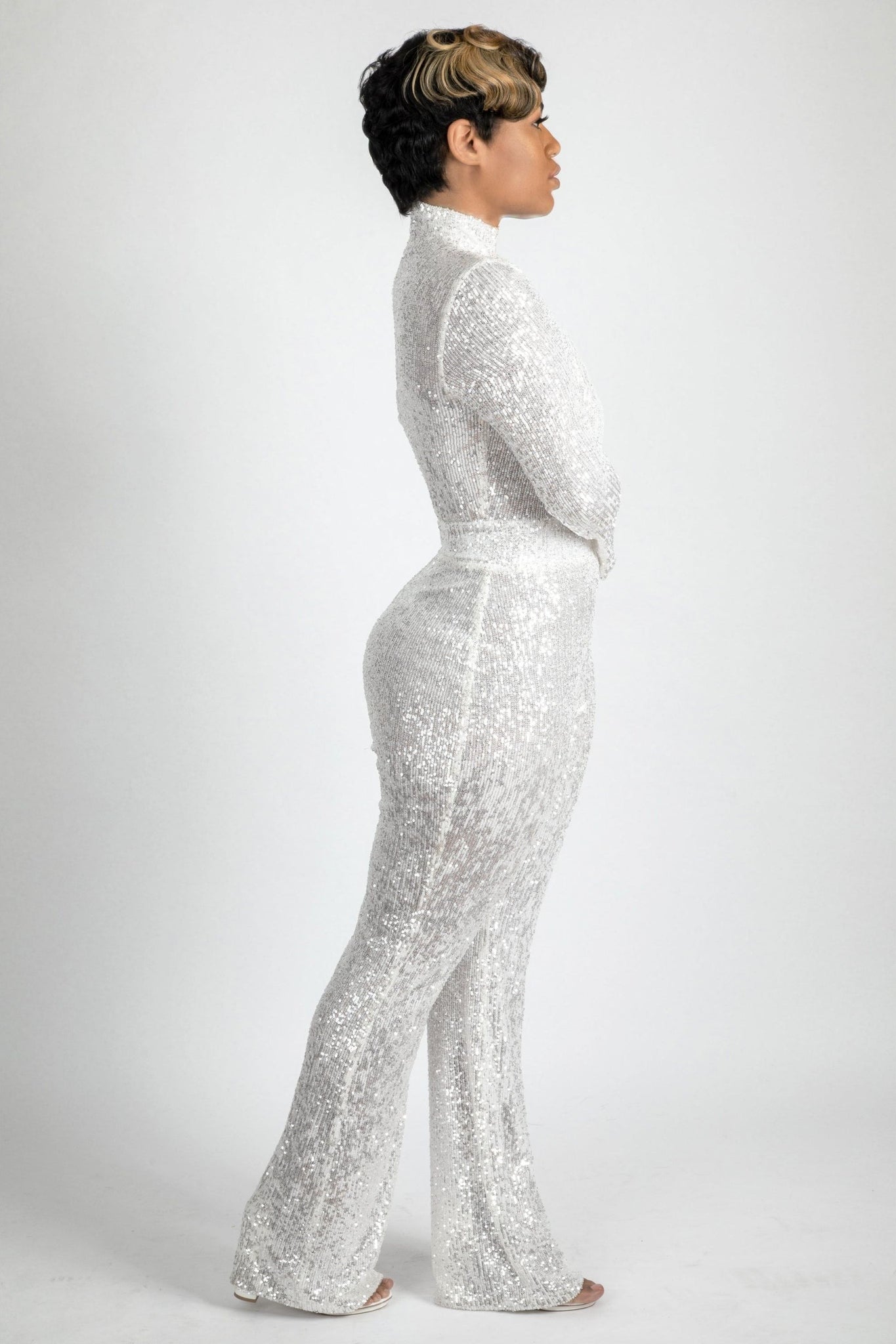 Hight neck white Sequin jumpsuit mesh open front