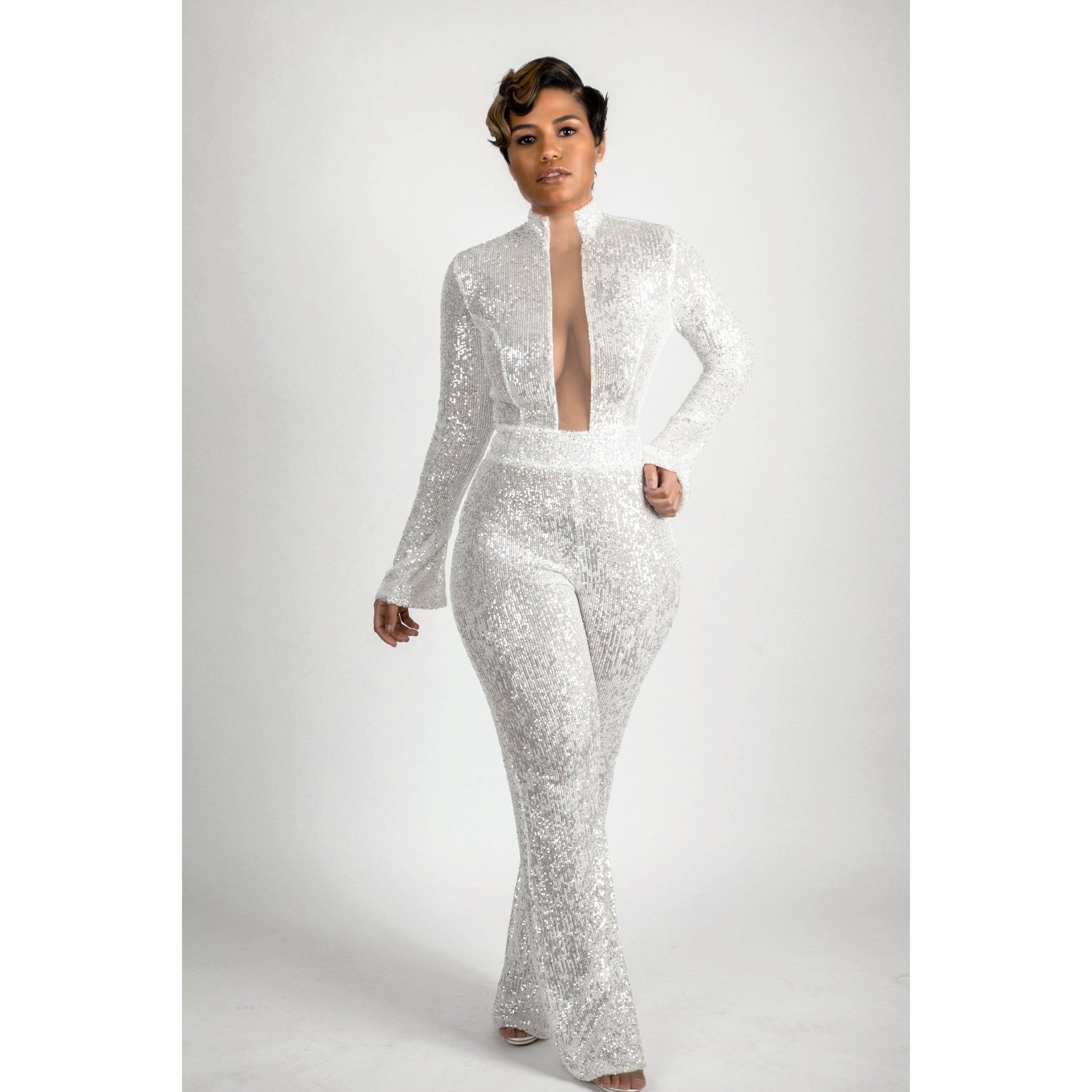 Hight neck white Sequin jumpsuit mesh open front