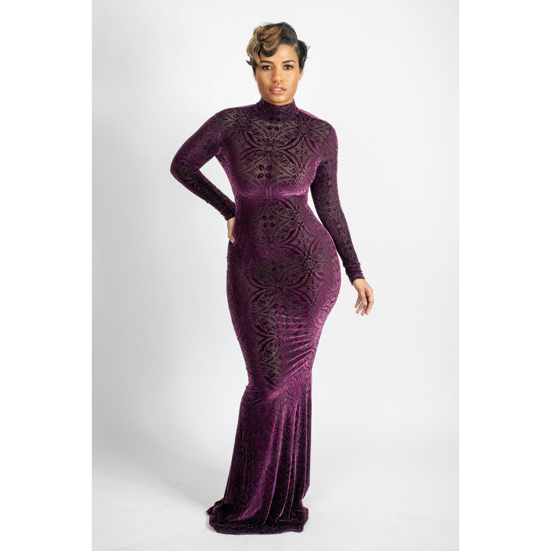 Hight neck purple burnout long dress