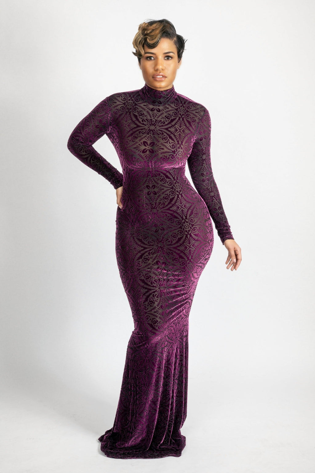 Hight neck purple burnout long dress