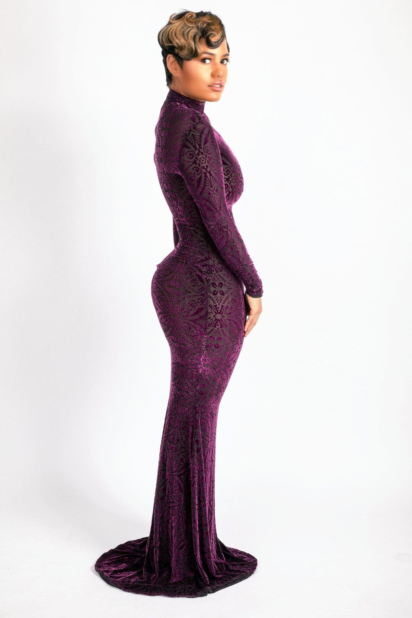 Hight neck purple burnout long dress