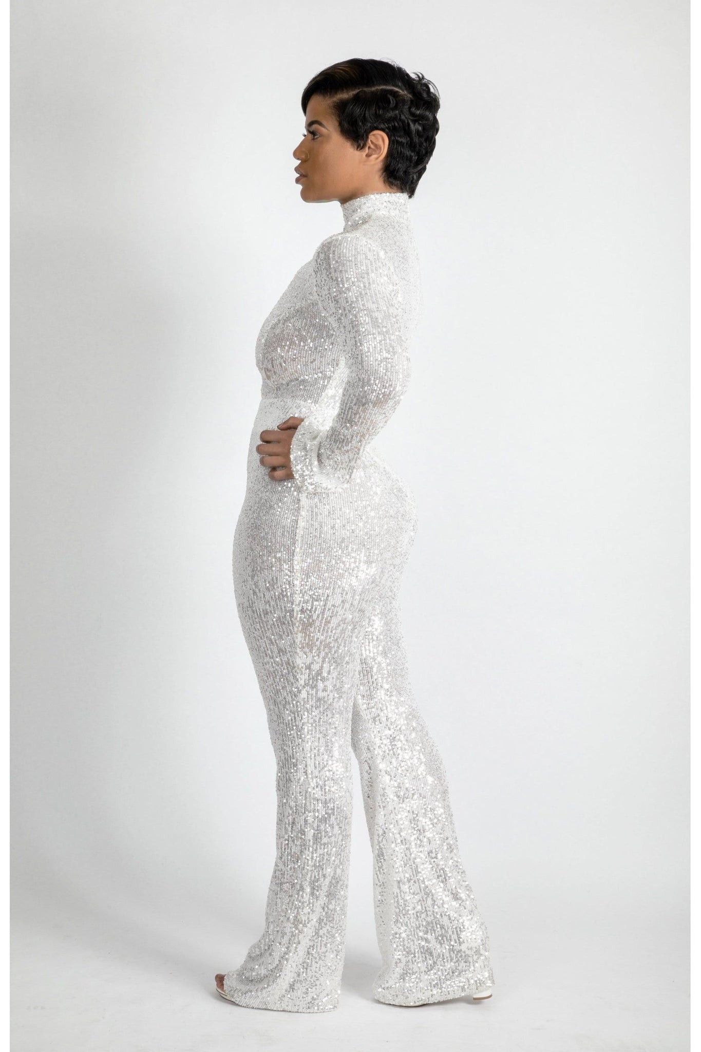 Hight neck white Sequin jumpsuit mesh open front